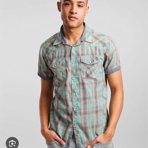 BKE Vintage Shirt Mens L Teal Orange Plaid Pockets Pearl Snap Short Sleeve